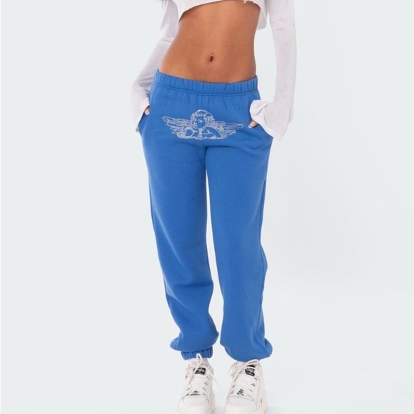 Edikted Blue Joggers with Angel Rhinestone Design Small - Picture 1 of 5